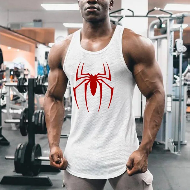 Red Spider Printed Summer Gym Bodybuilding T-shirts Mesh Breathable Quick Dry Sleeveless Singlets Mens Casual Fitness Tank Tops