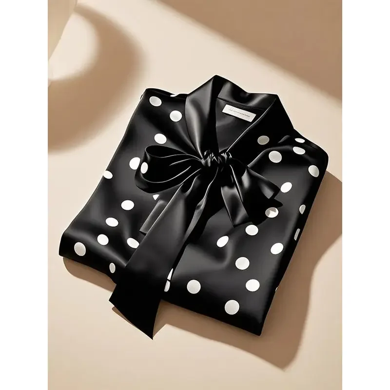 Elegant French Women High Quality Satin Polka Dot Print Shirt Office Lady Casual  Chic Blouse Lace-up Bow Long Sleeve Loose Tops