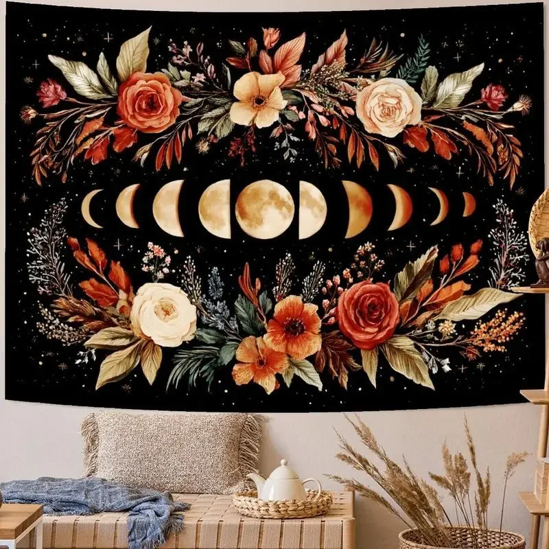 Bohemian Moonphase Flower Butterfly Tapestry Polyester Wall Hanging Living Room Bedroom Yoga Meditation Home Decor