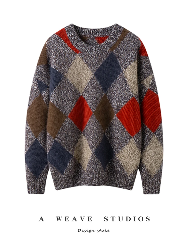 ADDONEE Autumn Winter Women's 100% Cashmere Sweater Argyle Jacquard Preppy Style O-neck Pullover Thick Soft Cashmere Knitwear