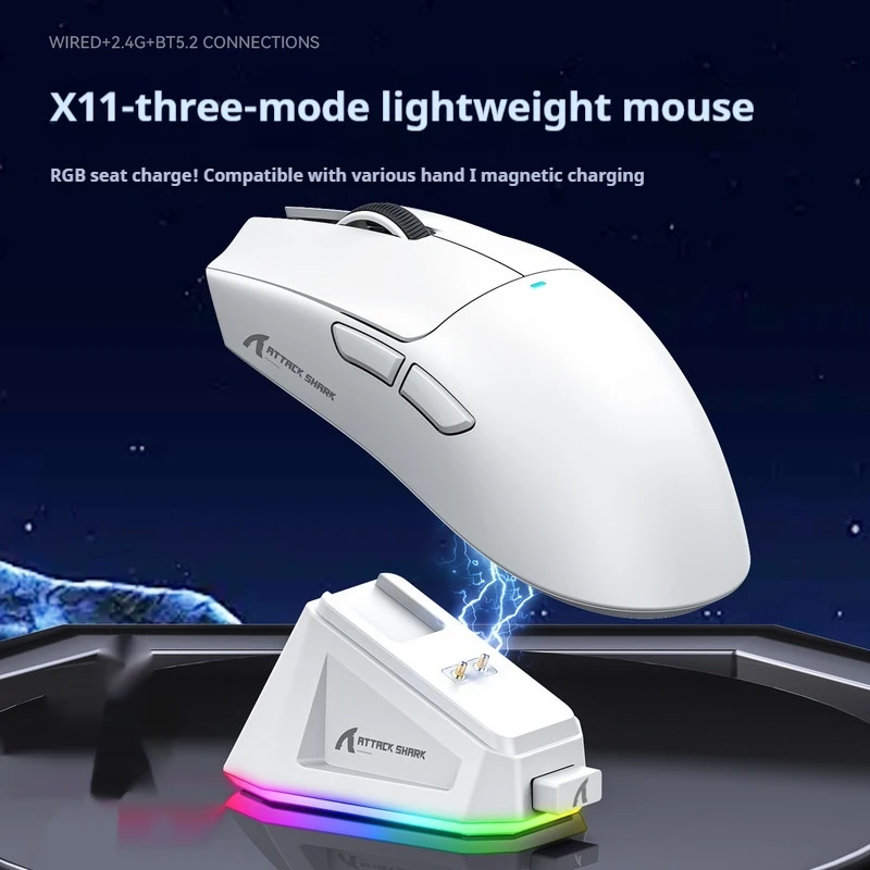 Attack Shark X11 Lightweight Tri Mode Mouse Pwa3311 Wired 2.4g Wireless Bluetooth With Rgb Charging Base Gaming Esports Mouse