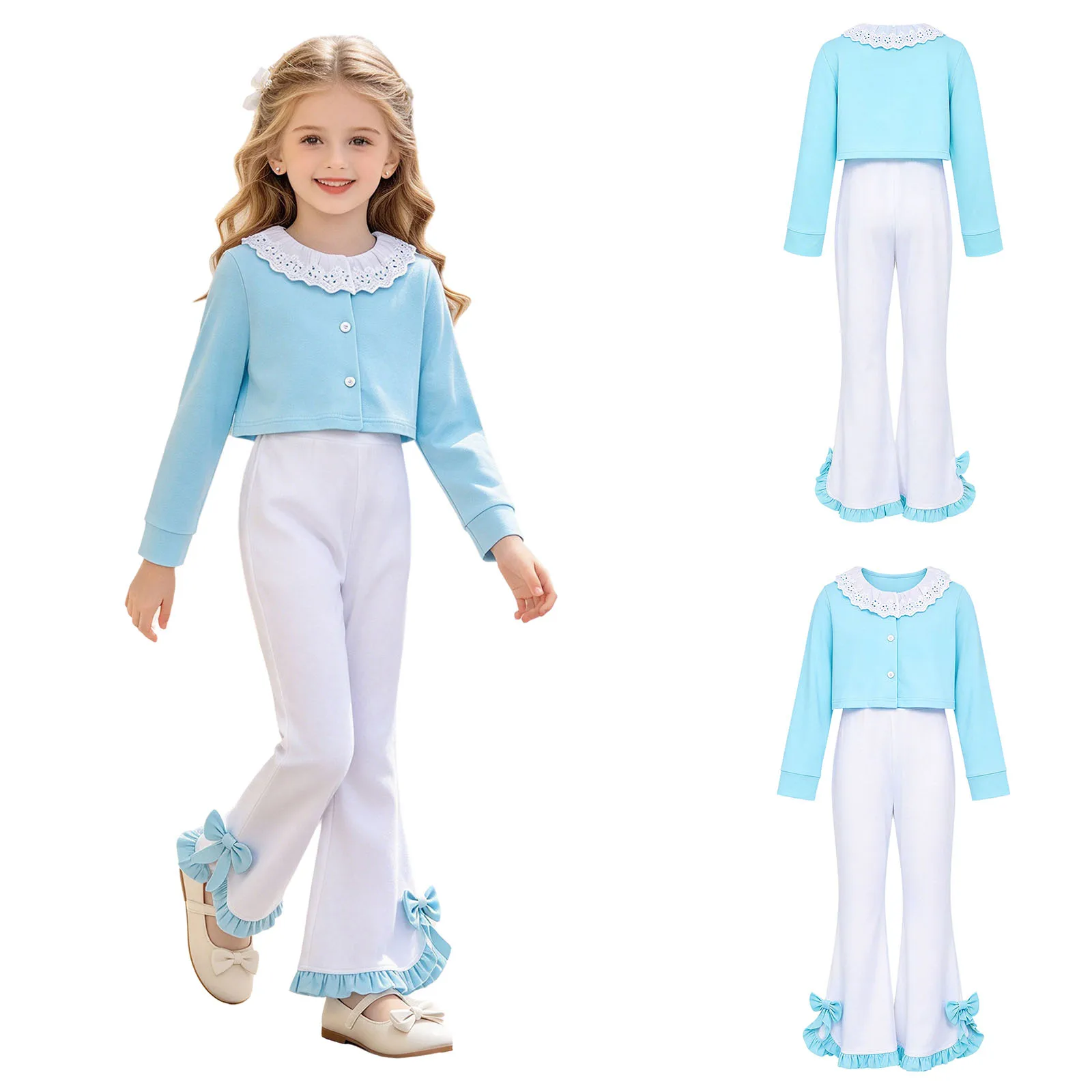 Kids Girls 2-piece Casual Outfit Adjustable Spaghetti Straps Zipper Bow Ruffles Jumpsuit with Lace Collar Long Sleeve Jacket