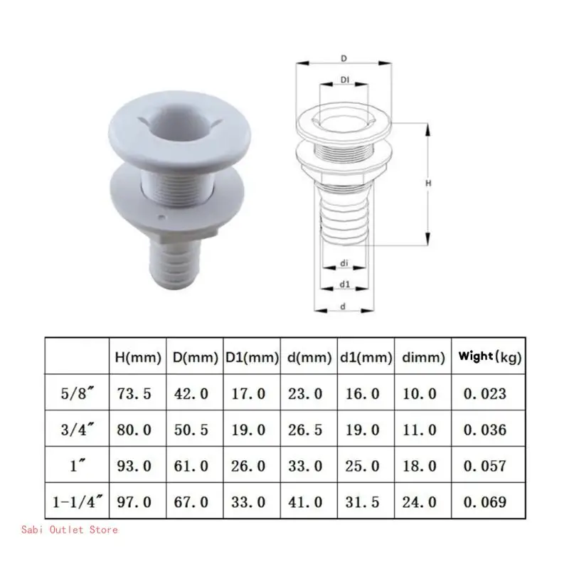 Plastic Thru Hull Bilge Fitting for Bilge Drain Vent Aerator Hose Fitting of Boat Marine Yacht Sail RV-Camper Truck