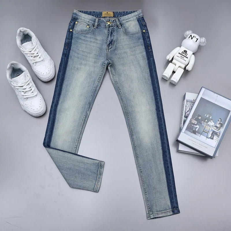 Summer jeans men's striped print design fashion street fashion Korean slim stretch casual ankle banded pants