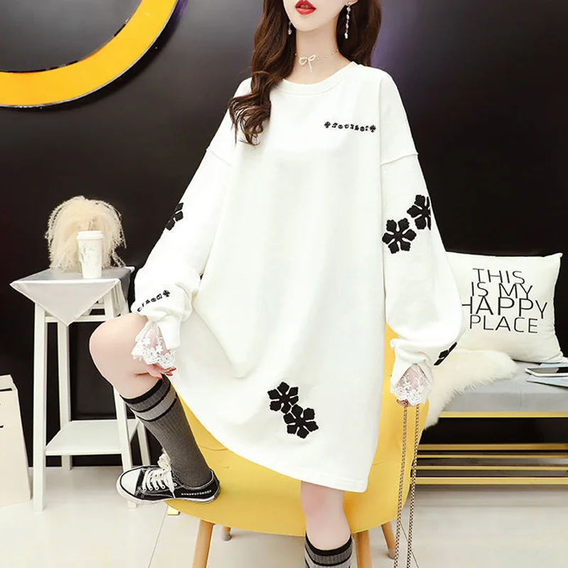 

Snowflake Appliques Korean Fashion Elegant Lace Long Sleeve Pullover Tunic Top Female Autumn Casual Sweatshirt Women 2023