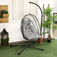 Rattan hanging chair 194 cm swing basket foldable suitable for indoor and outdoor patio garden maximum load 100 kg light grey