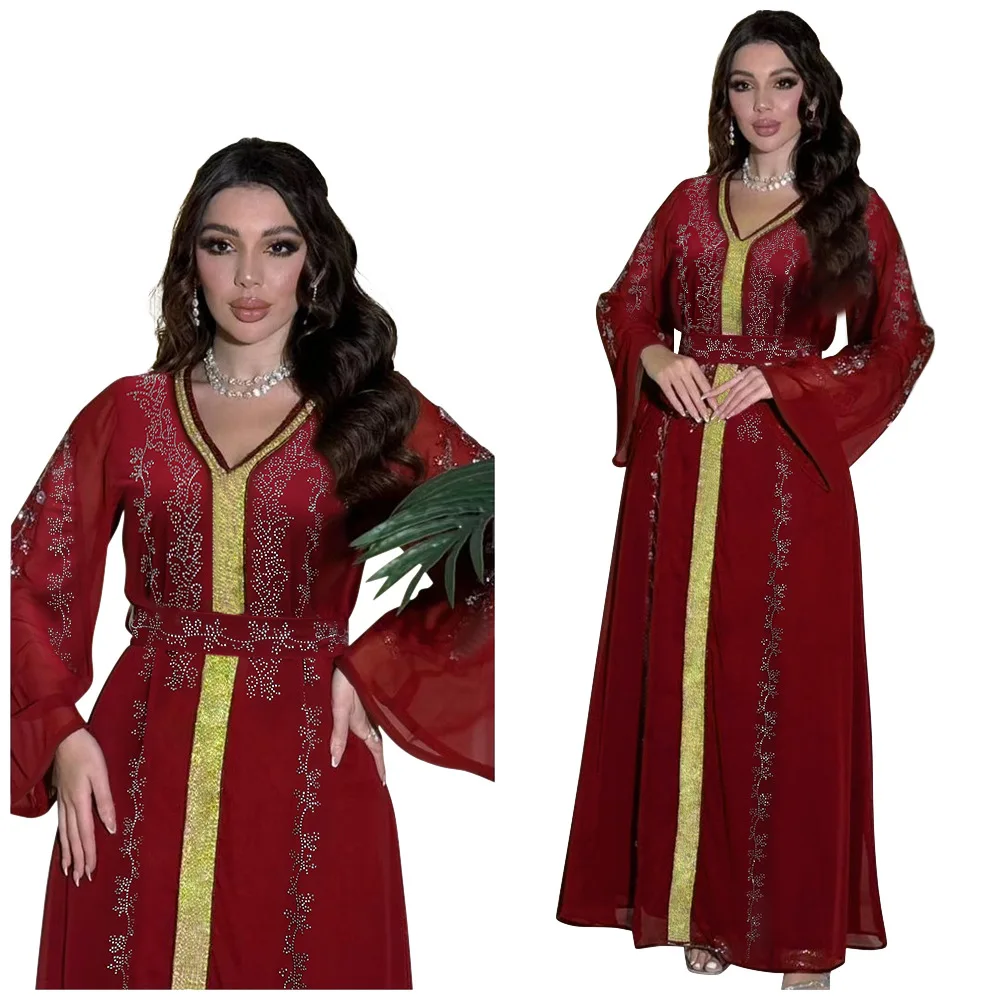 Commute Muslim Set Fashion Party Dubai Turkey Long Sleeve Chiffon Cardigan Dress and Vest  Muslim Dress Women