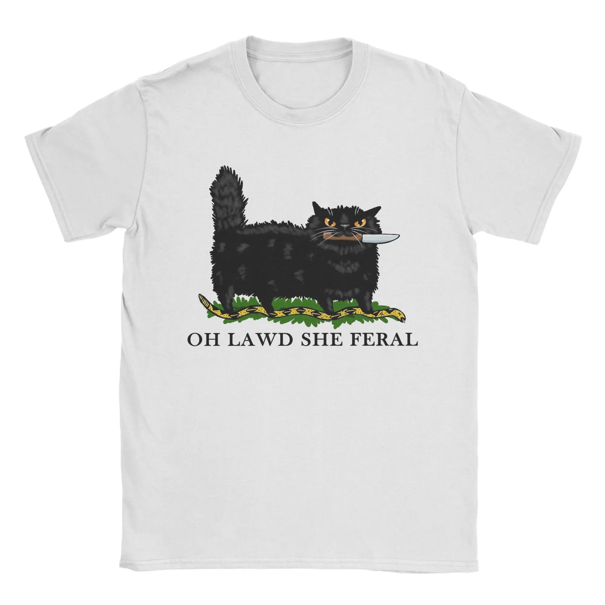 Men Oh Lawd She Feral Black Cat Kinfe T Shirts  100% Cotton Clothing Funny Short Sleeve Round Collar Tees Classic T-Shirt