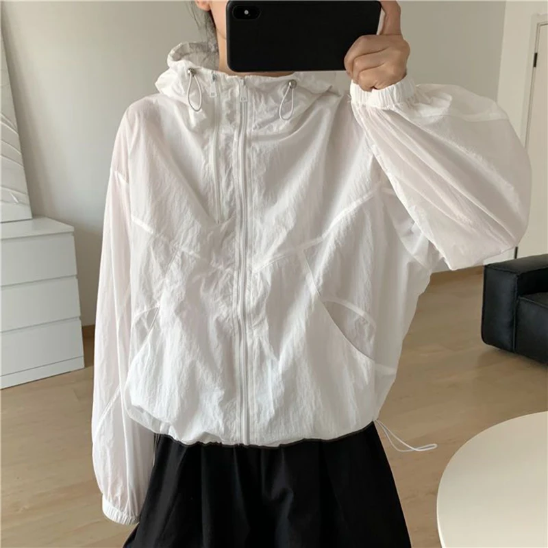 Summer Thin Hooded Sun Protection Shirt Women Y2K Streetwear Zipper Sports Coats Fashion Long Sleeve Quick Drying Cargo Jacket