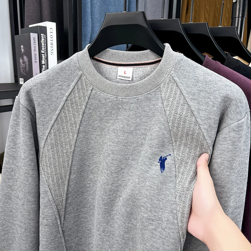 Spring and Autumn New Silk Cotton Men's Hoodie Round Neck Trendy Embroidered Loose Long Sleeve T-shirt Men's Top