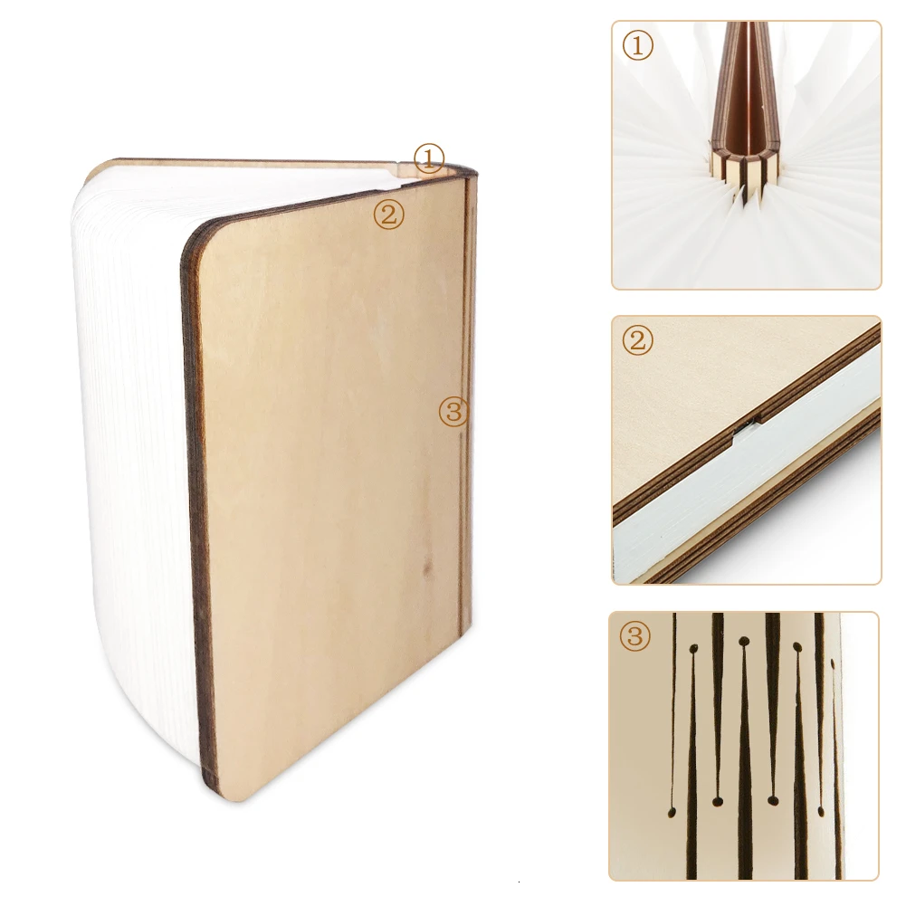 LED Folding Wooden Book Lights Rechargeable Creative Table Lamp 3 Colors Bedside Night Light For Bedroom Living Room Decoration