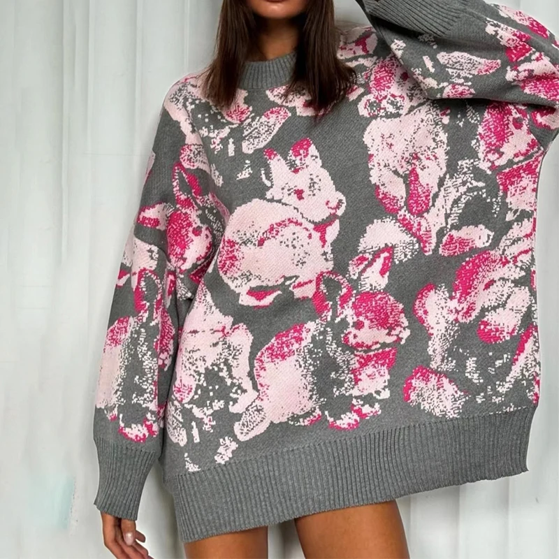 BKLD Female Street Style Casual Daily Pullovers Rabbit Printed Long-sleeved Loose Round Collar Knit Fall Winter New Sweater Tops