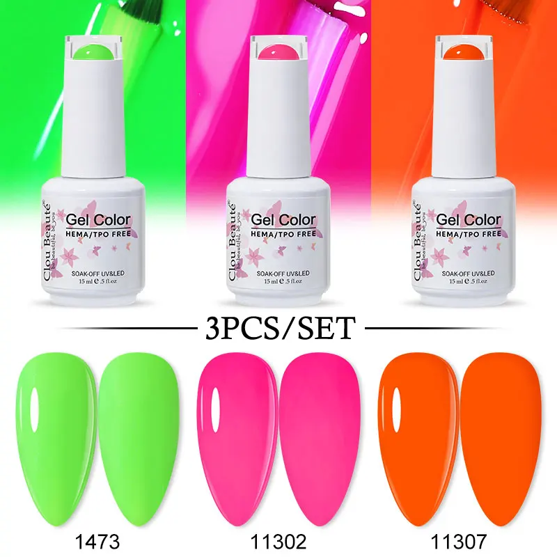 

Clou Beaute HEMA TPO FREE Neon Green Orange Hot Pink Nail Gel Polish High Pigment Nail Varnish Semi Permanent Art Salon Manicure