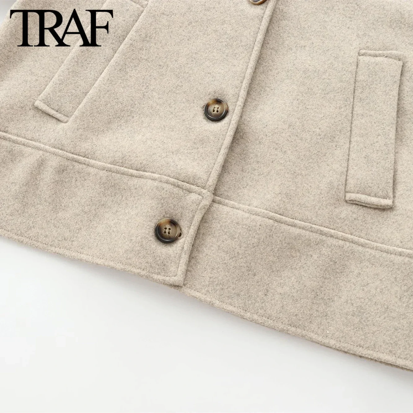 TRAF Women Fashion Autumn Winter Pocket New Loose Coat Jacket Long Sleeved Single Breasted Lapel Coats Chic Ladies Tops Mujer