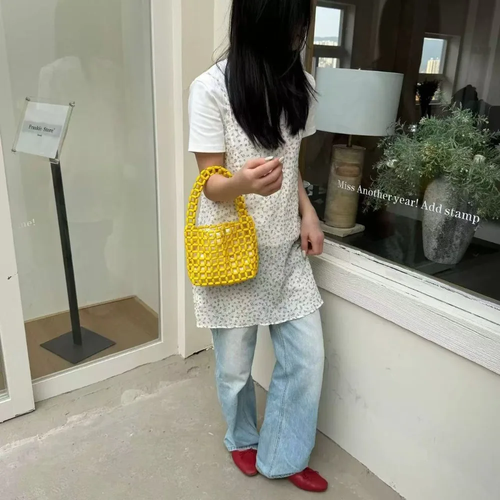

Simple Handmade Beaded Woven Bag Vintage Creative Hollow Out Bag Boho Pure Color Openwork Bag Vacation Beach
