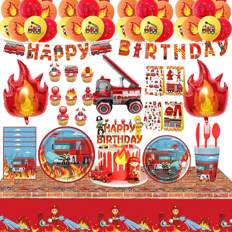 Decoração de aniversário de bombeiro, caminhão de bombeiros, talheres, copos, guardanapo, banner, pano de fundo, sacos de presente, papai círculo, suprimentos para festa infantil