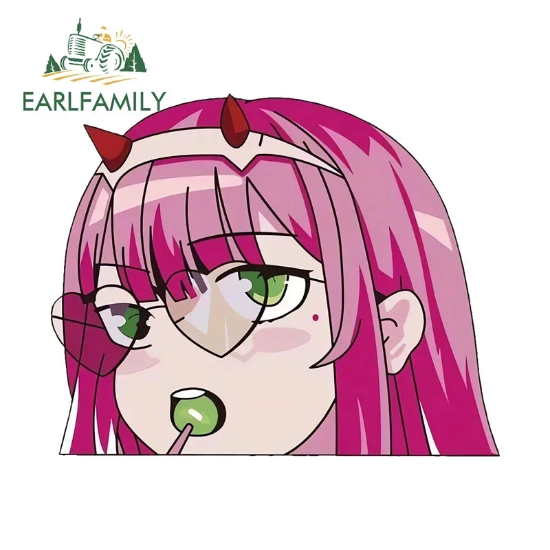 EARLFAMILY 13cm X 10.5cm Cool Zero Two Cute Sunglasses Peeker Lollipop Car Stickers Personality Creative Decals Anime Car Label