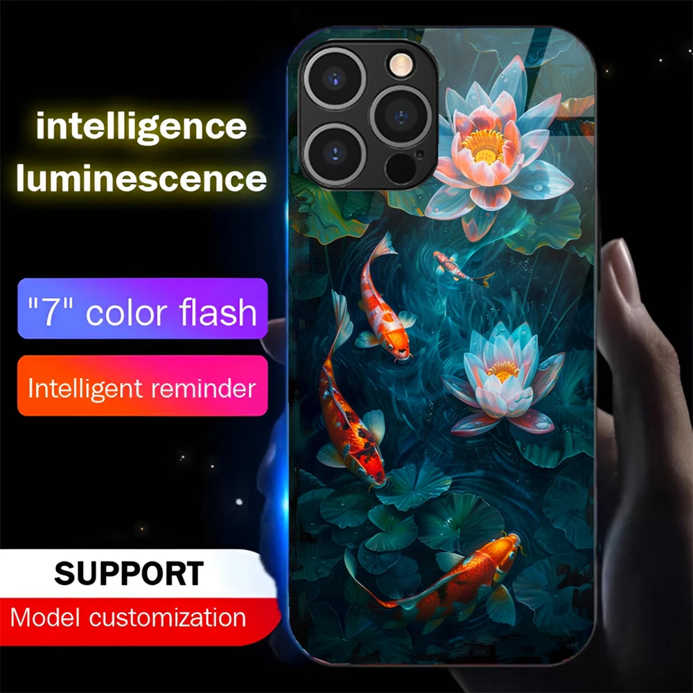 

2025 Lucky Koi Carp Luminous Phone Case LED Light Glass Shockproof Cover For Samsung S25 S24 S23 S22 S21 S20 FE Plus Ultra