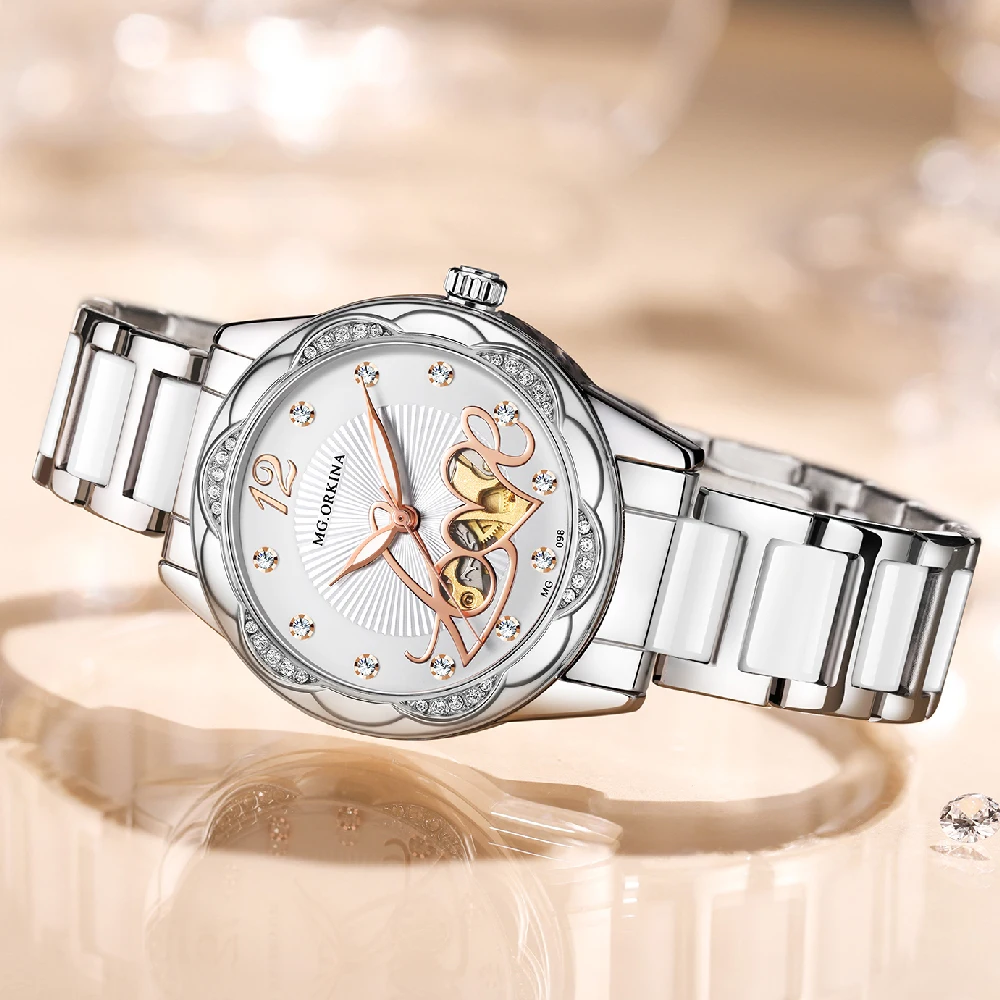 ORKINA Women Watch Automatic Mechanical Skeleton Luxury Diamond Bezel Luminous Hands Ceramic Steel Strap Ladies Dress Wristwatch