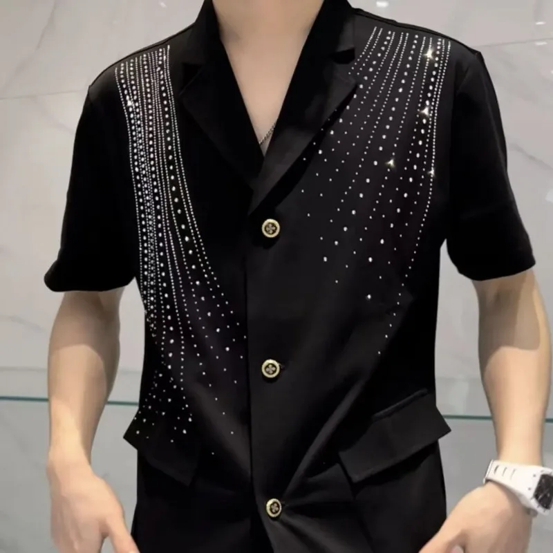 Men's Clothing Summer Fashion Brand Design Hot Drilling Short Sleeve suit high quality Suit Shorts Two-piece Set