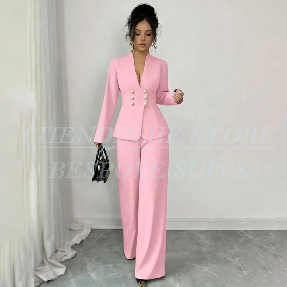 Elegant Pink Office Lady 2 Piece Jacket Pants Set High Quality Pearls Button Double Breasted Customized Women's Suits Outfits