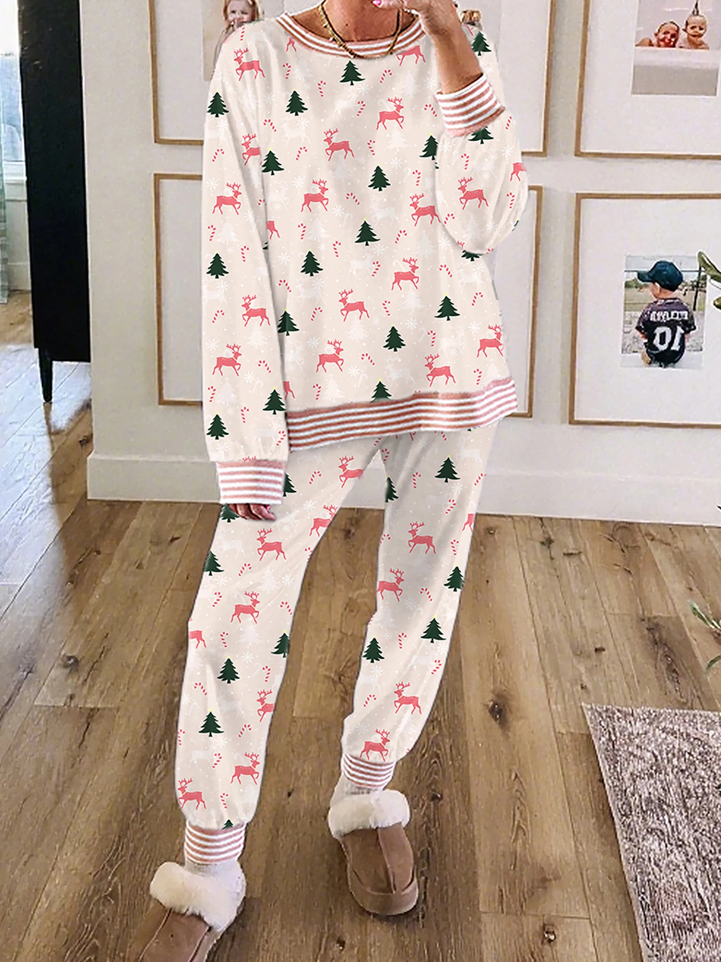 

DearLover Christmas Print Home Clothes Set Women's Long Sleeve Long Pants Two-Piece Set Casual Loose Fit Polyester Blend
