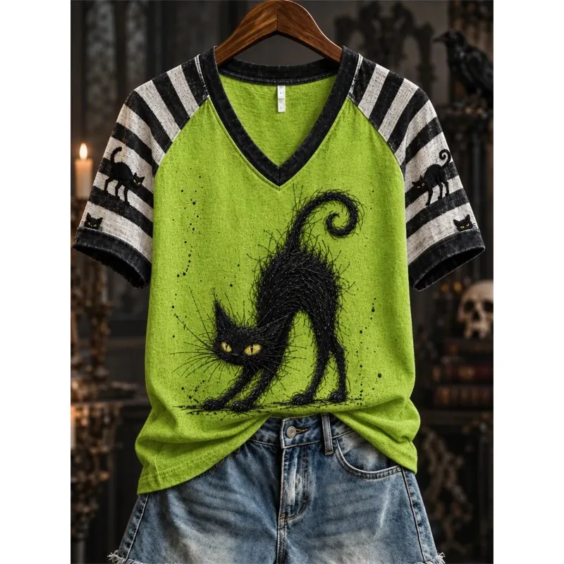 Halloween Witch Black Cat V Neck Jersey 3D Print Crescent Moon Star Graphic Raglan Short Sleeve Unisex Casual Tee Adults Kids