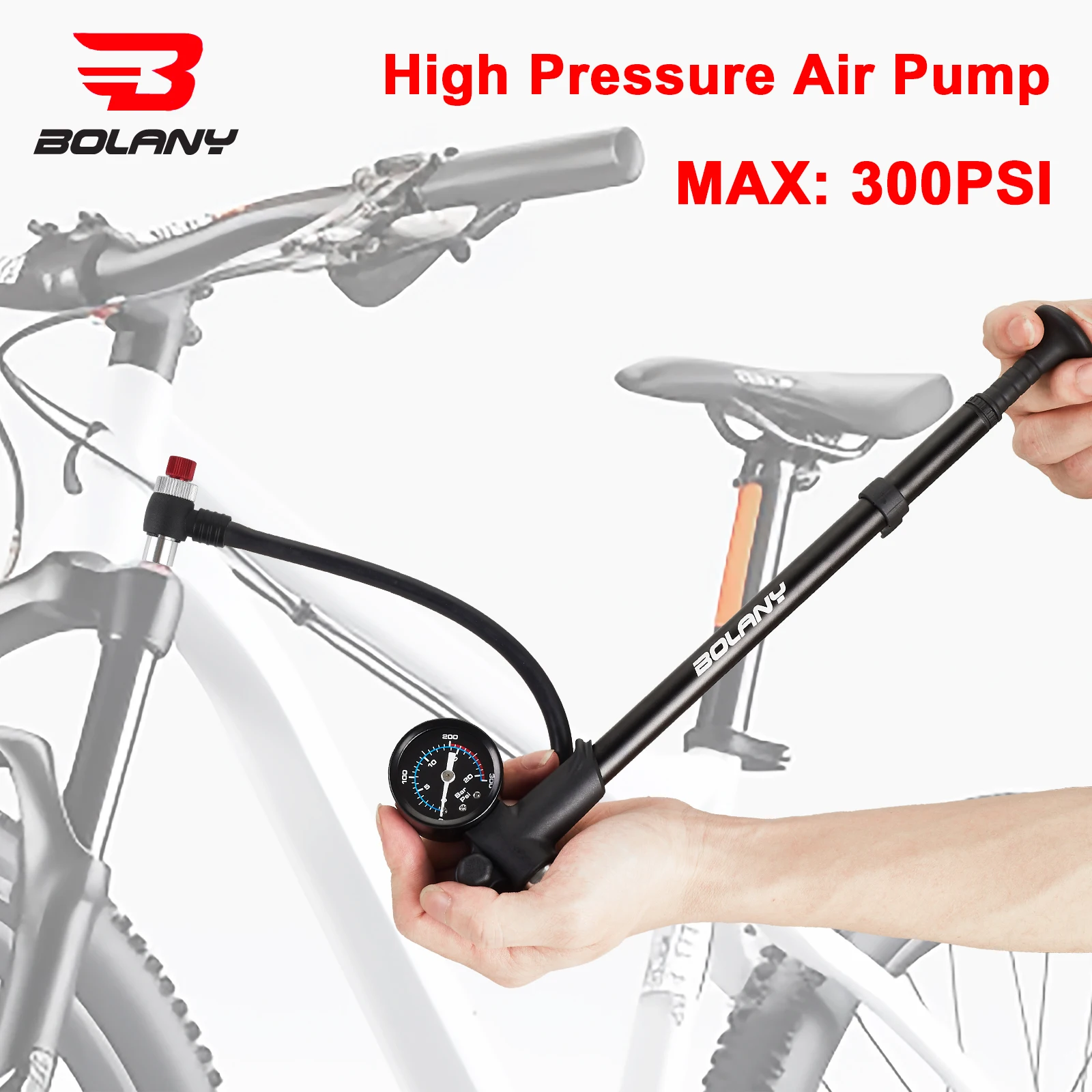 Bolany Aluminum Alloy MTB Bicycle Hand Air Pump Bike Pump Mini Hose Posterior Bile Duct Tire Inflator Valve  Piezometer 300Psi