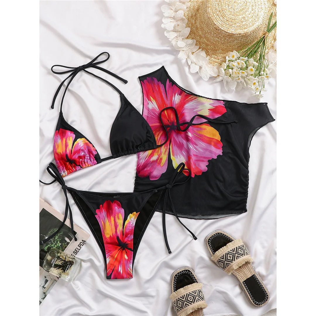 Mit Blumenmuster-Überwurf, Neckholder-Bikini, Damen-Badebekleidung, dreiteiliges Bikini-Set, Badeanzug, Badebekleidung, Schwimmbekleidung V8145 – Detail 6