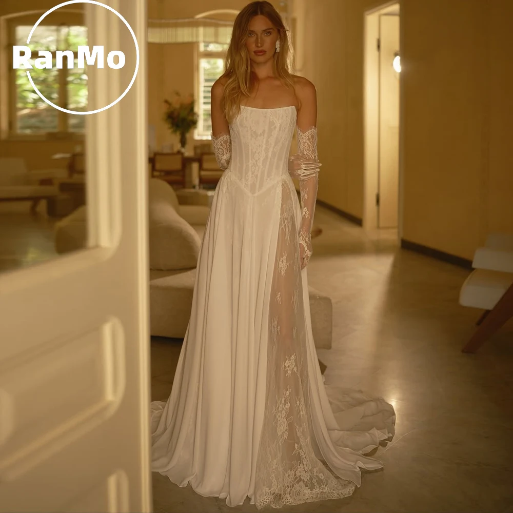 

Ranmo Modern Ivory 2026 Wedding Dresses Sexy Lace Strapless Skin Tone Lining Woman Bridal Gowns Slit Customized Vestido de novia