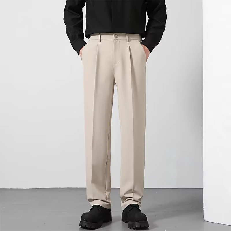 2026 Men's Loose Suit Pants Classic Straight Solid Color Drape Elastic Business Office Worker Casual Trousers Brown Khaki Gray
