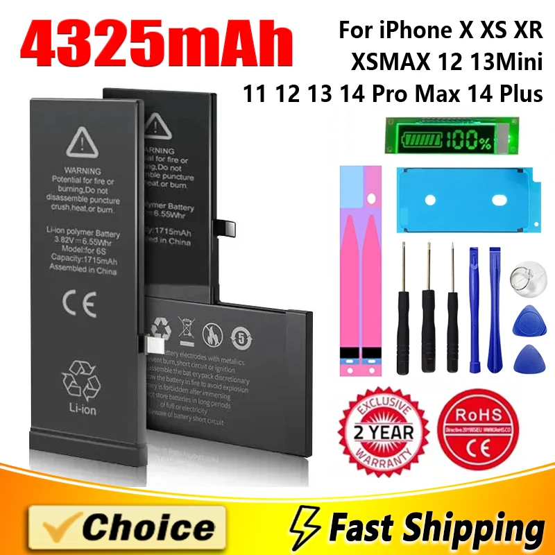 Zero-cycle High-quality Battery For iPhone X XS MAX XR 11 12 13 14 Pro Max 12 Mini 14 Plus Mobile Phone With Free Tools Sticker