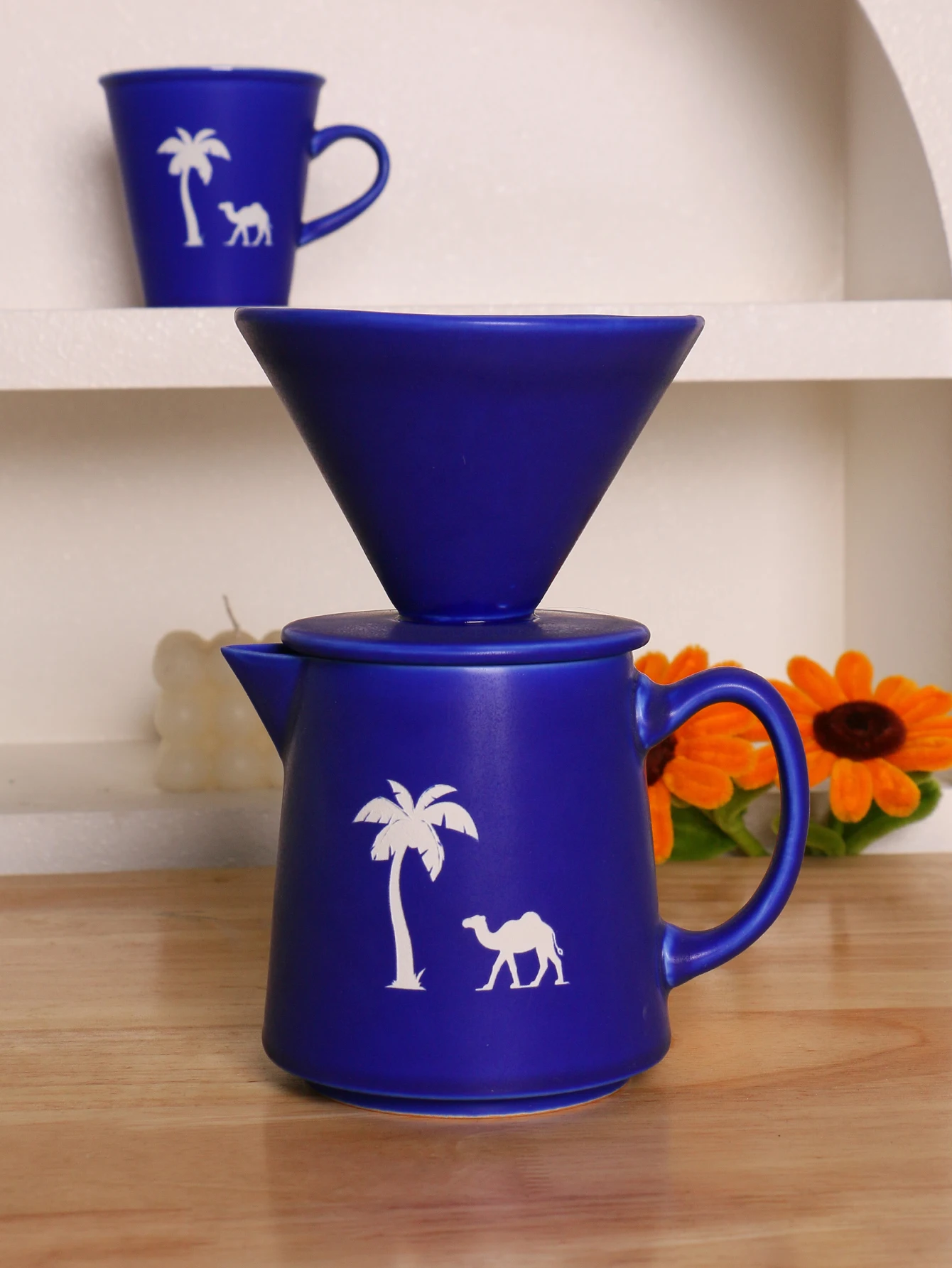 1 Set of Ceramic Coffee Sharing Pot, Vintage Coffee Pot Set, Ceramic Hand-Brewing Pot with Camel Pattern, Hand-Brewing Coffee Pot with Coffee Filter Cup, Flat-Bottomed Filter Cup, Drip Filter Cup, Coffee Utensils, Gift for Friends