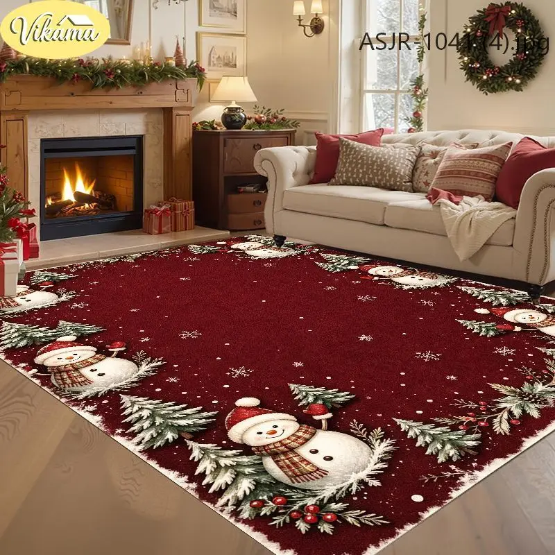 VIKAMA Christmas Living Room Rug Burgundy Snowman Pine Berry Border Print Soft Absorbent For Living Room Bedroom Dining Decor