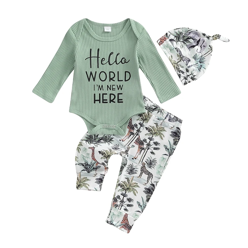 

Baby Boy Fall Outfit Tropical Print Long Sleeve Rompers and Elastic Pants Beanie Hat Set Spring 3 Piece Clothes