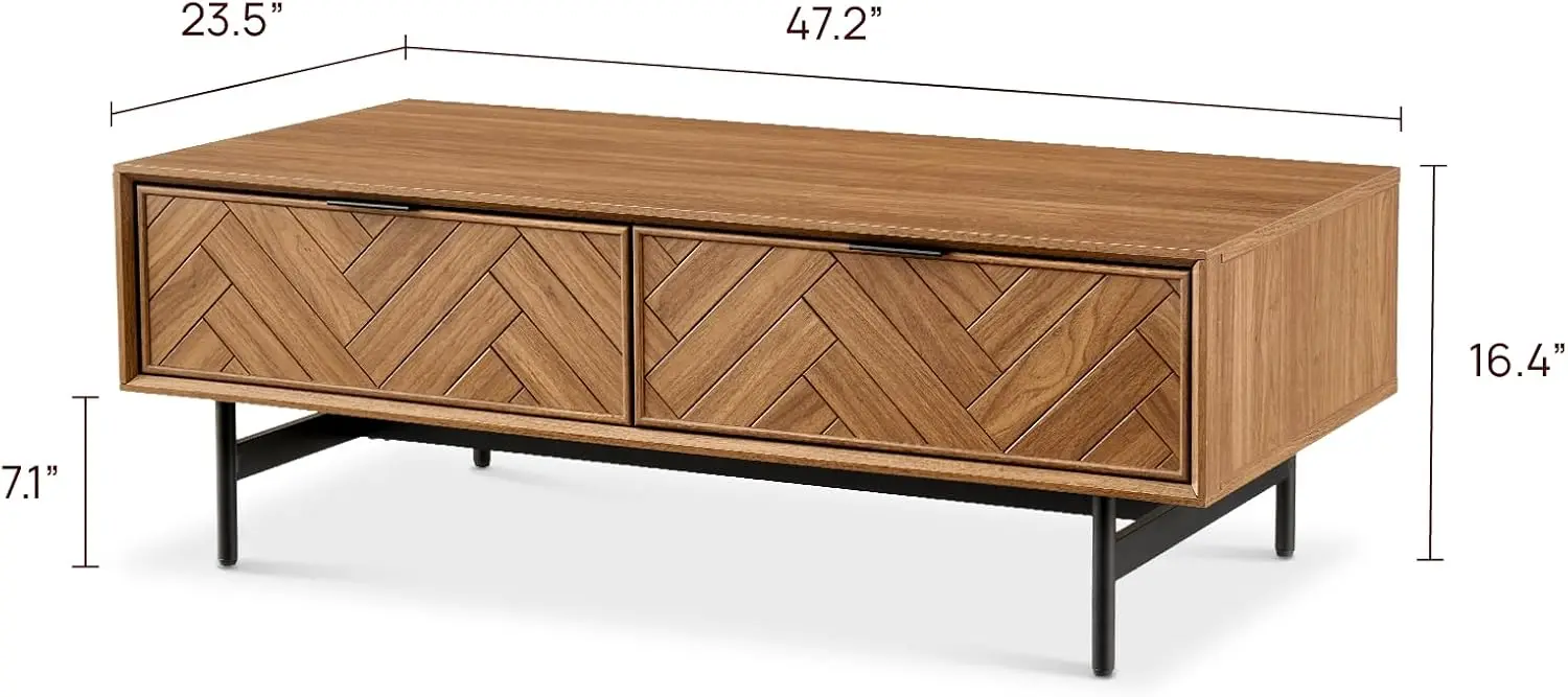Herringbone Walnut Coffee Table Slim Black Metal Legs Handles Industrial Style