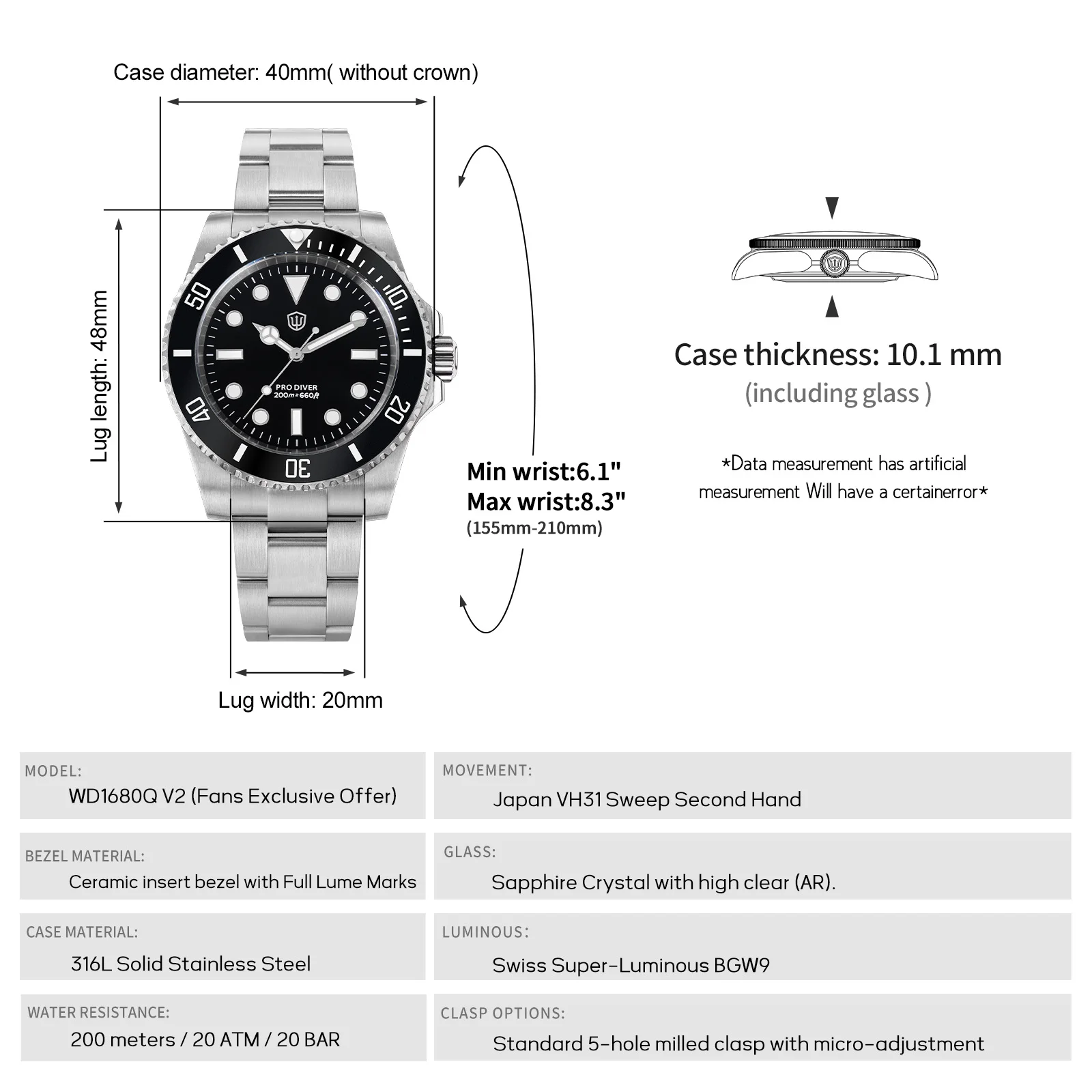 Watchdives WD1680Q V2 Men Watch VH31 Sweep Second Quartz Movement AR Sapphire Luminous BGW9 20Bar Waterproof Steel Wristwatches