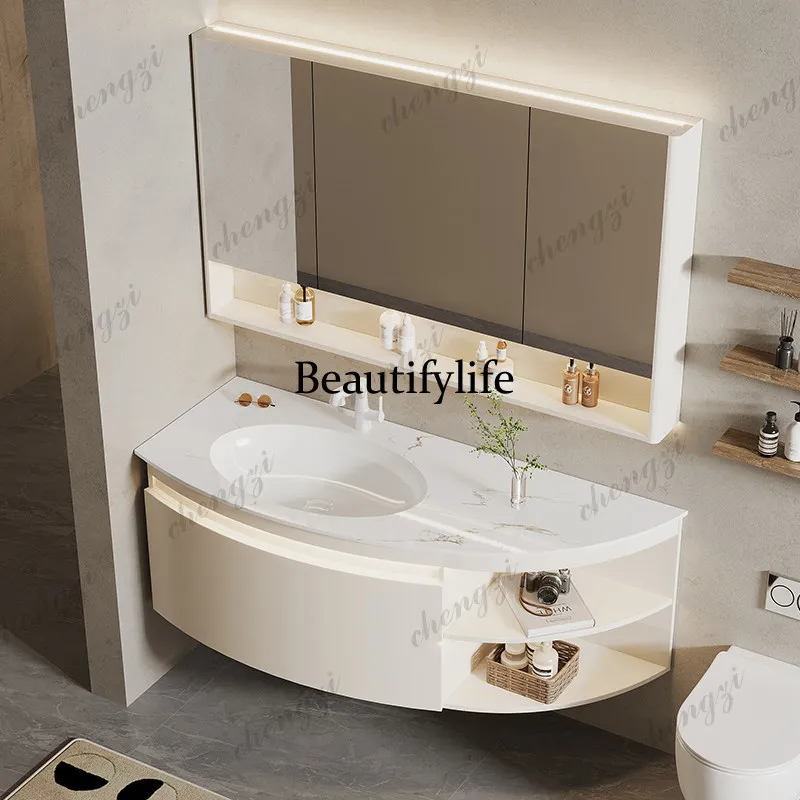 Slate seamless ceramic integrated basin bathroom cabinet combination circular arc toilet washstand