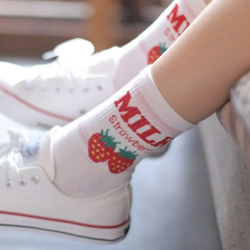 Women Pink Socks Cotton Cartoon Fruit Print Cute Socks Korean Harajuku Style with Cow Strawberry Banana Patterned Short Socks