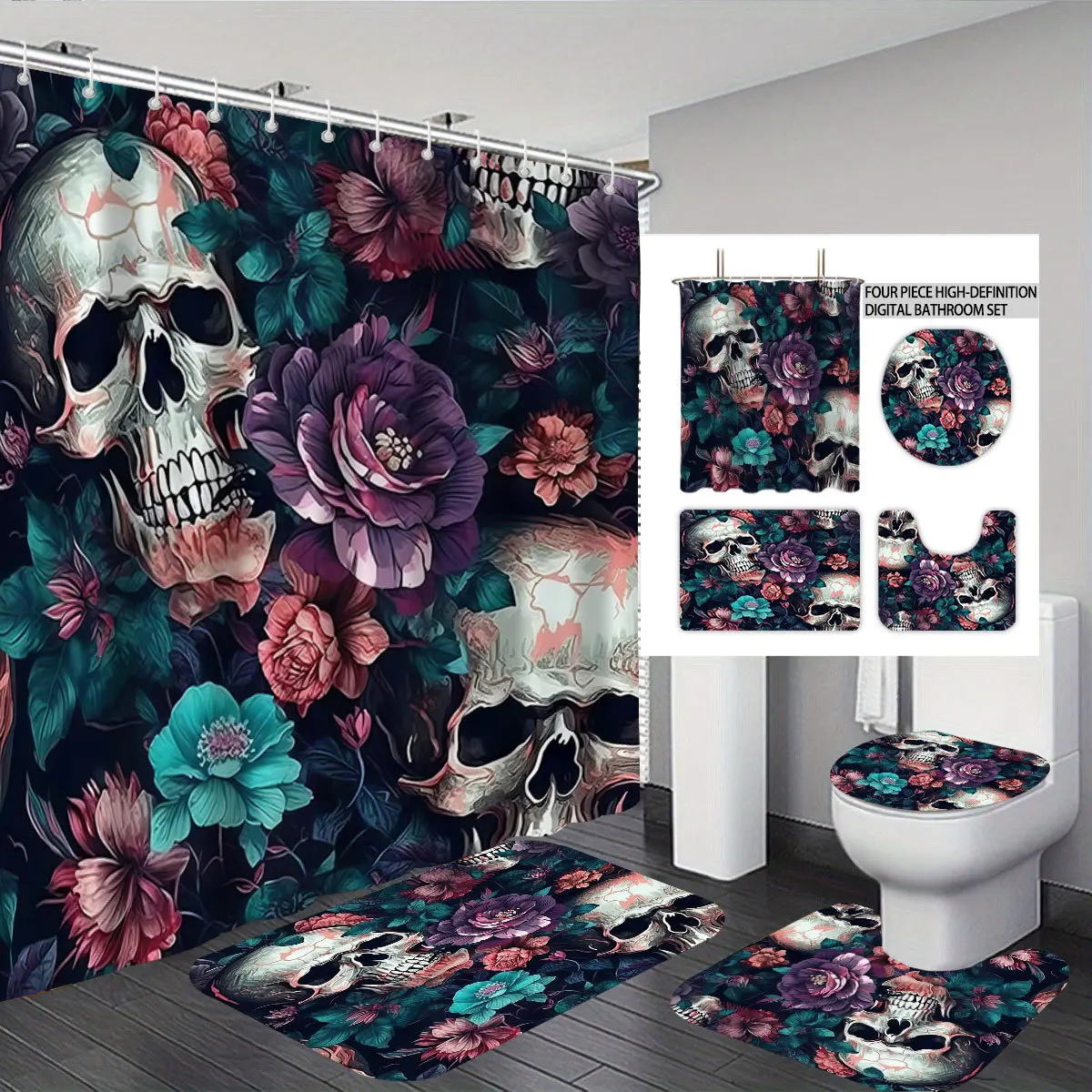 Halloween Decor Shower Curtain Set Gothic Skull Pop Art Print Quick-dry Durable Waterproof Bath Curtain, 12 Hooks 3pcs Floor Mat