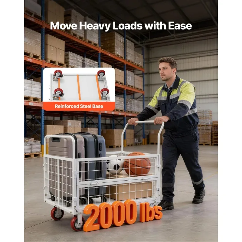 Heavy platform trolley Cage frame, foldable flatbed with rotating wheels