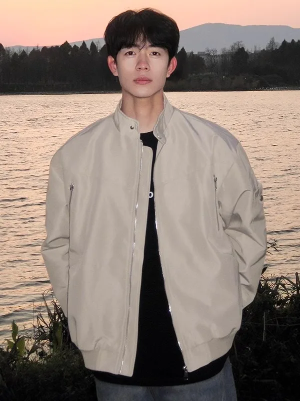 

American High Street Sle Men's Zipper Jaet Stand Collar Baseball Outfit Versatile Simple Design Waterproof Polyester Fiber