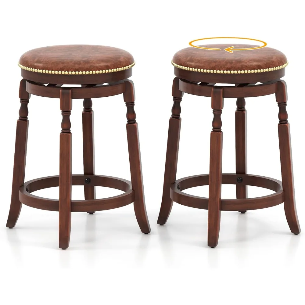 

Bar Stools Set of 2, 24 Inch Swivel Counter Height Bar Stools, Solid Wood Frame Barstools, Upholstered Pub Stools with Footrest