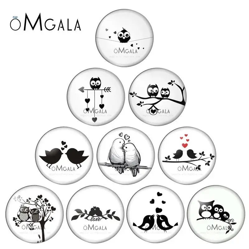 Love Black Bird Owl Drawings 10mm/12mm/16mm/18mm/25mm Round Photo Glass Cabochon Demo Flat Back Making Findings 10pcs/lot