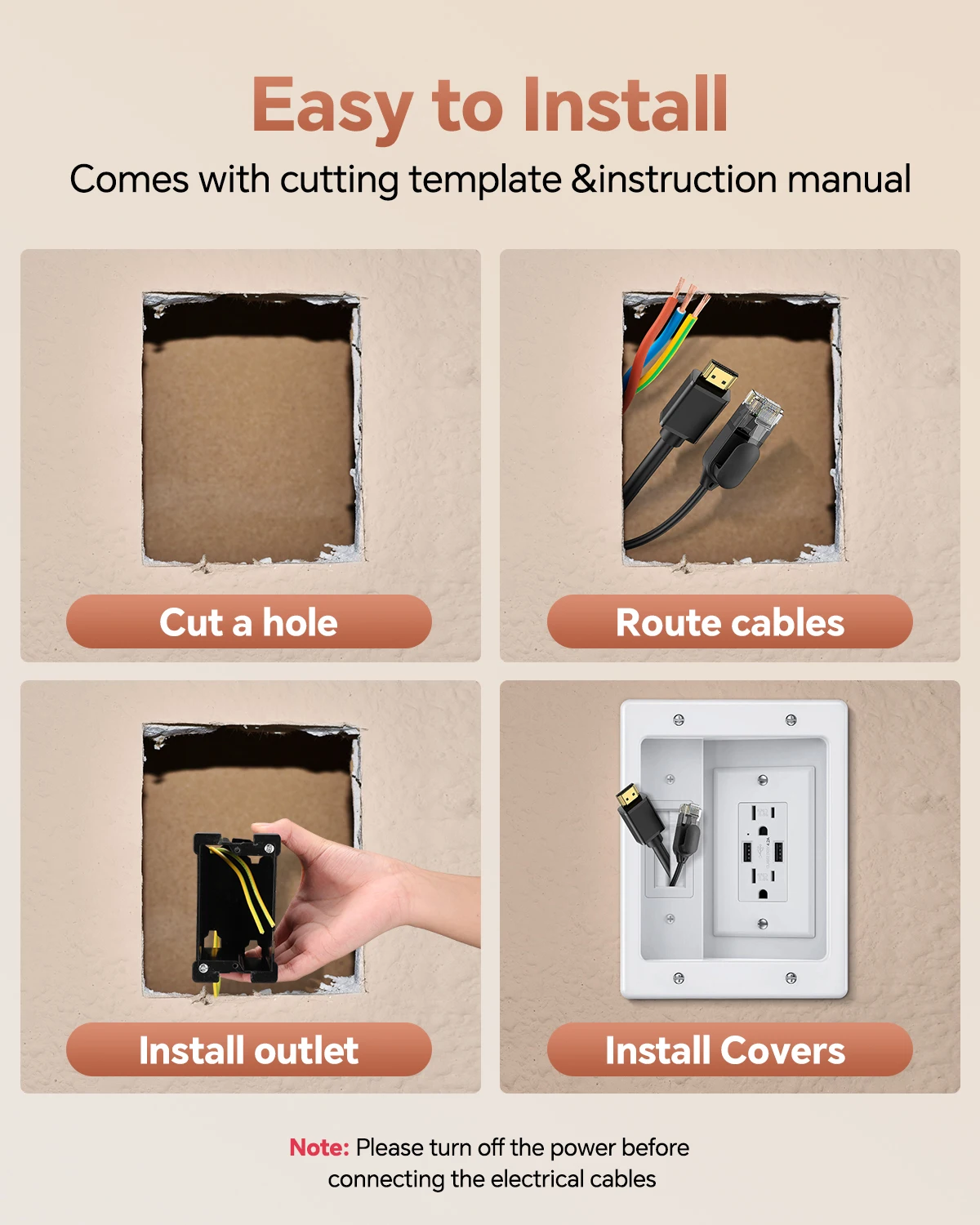 في مجموعة إدارة كابلات الحائط، قم بإخفاء كابلات طاقة التلفزيون وأسلاك الجهد المنخفض خلف الحائط، منفذ غائر للتلفزيون المثبت على الحائط