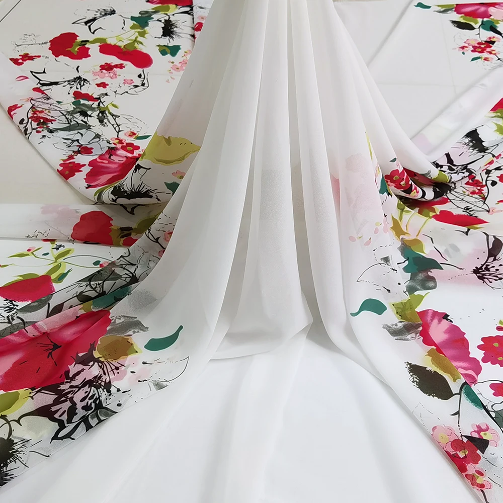 1 meter X 1.48 meter Natural White Positional Flower Chiffon Fabric Wedding Dress Material Digital Print