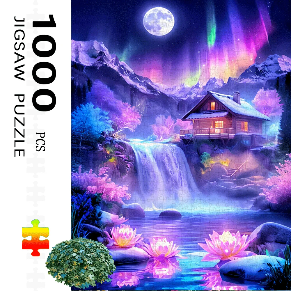 1000pcs Adult Fantasy Landscape Jigsaw Puzzle - Northern Lights Mountain Waterfall Cabin Scene with Purple, Pink & Blue Tones,