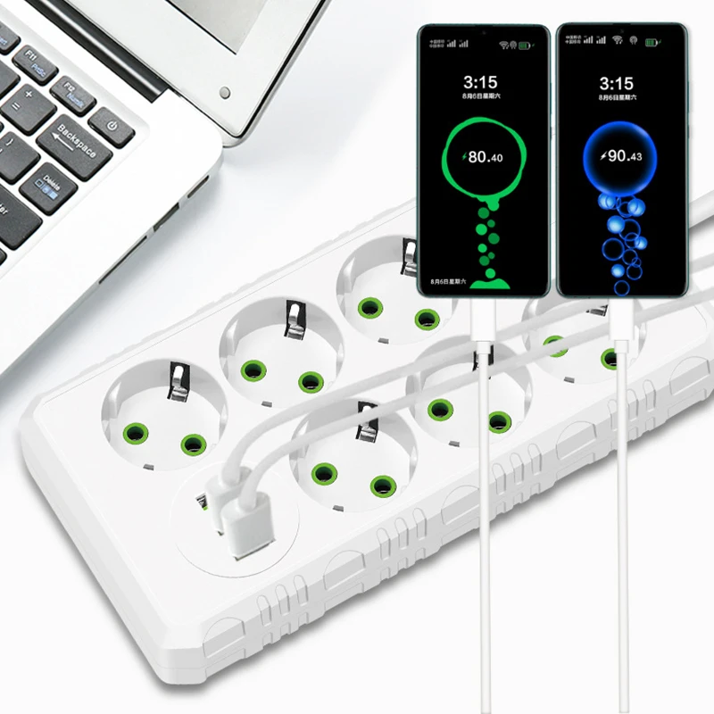 EU Plug Outlet 2/4/6 Sockets Multitap Power Strip Electrical Socket 2m Extension Cord with 3 USB Ports 2500W MAX Power 1 Switch