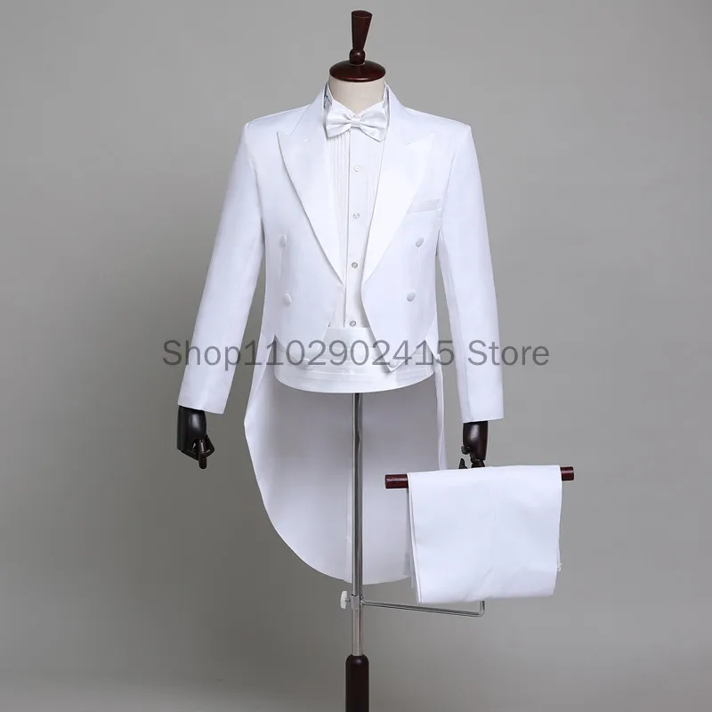 2023 Medieval Mens Classic Black White Shiny Lapel Tail Coat Tuxedo Wedding Groom Stage Singer Cosplay Suits 4 Pcs Set