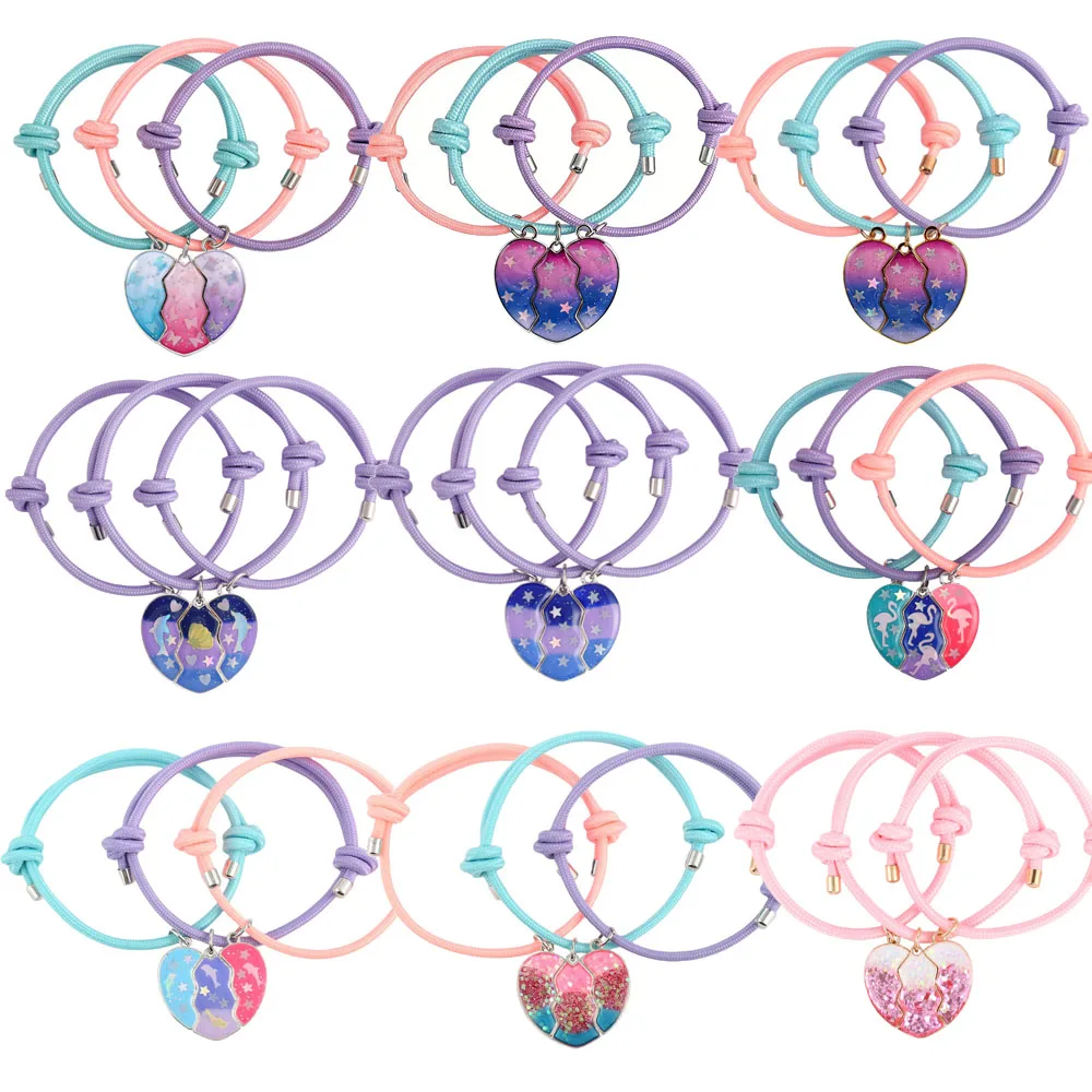 Winoneday 3Pcs/set Cute Heart-shaped Gradient Sequin Stitching Best Friend Bracelet BFF Friendship Jewelry Gifts for Girls